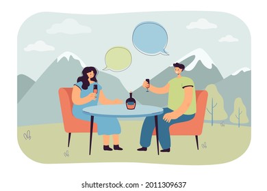 Young couple sitting at table, drinking champagne in mountains. Man and woman talking on date flat vector illustration. Picnic, love, summer, recreation concept