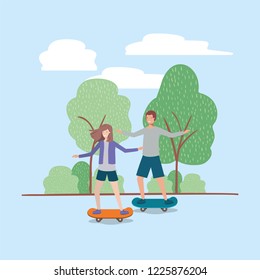 young couple in skateboard on the park