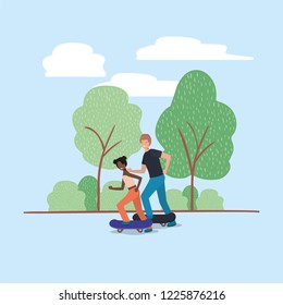 young couple in skateboard on the park