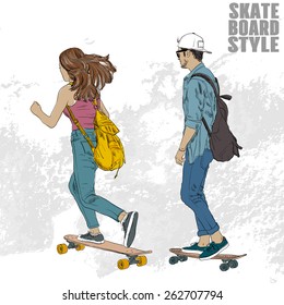 young  couple skateboarding vector illustration, street fashion design