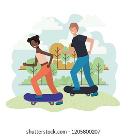young couple in skateboards characters