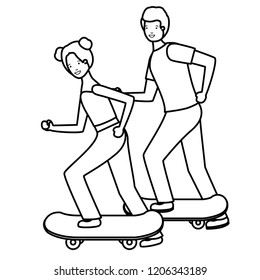 young couple in skateboards characters