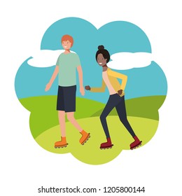 young couple in skates characters