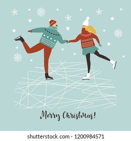  Young couple skating  on Ice rink, vector illustration, Merry Christmas or Happy New Year's card design