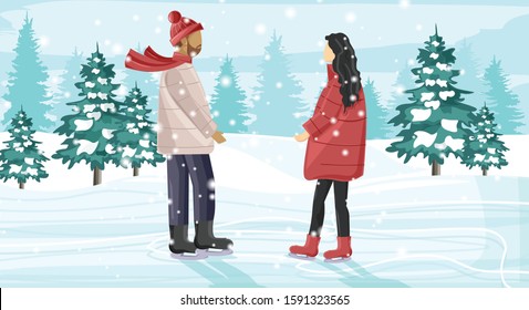 Young couple skating on ice rink outside in the park. Snow falling. Trees on background. Winter season vector