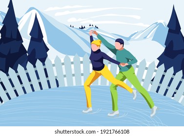 Young couple skating on ice rink. People enjoying ice skating on beautiful winter landscape. Happy couple on romantic date or having fun in winter holidays cartoon vector illustration