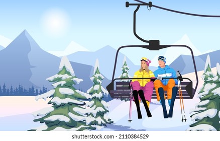 Young couple skiers sit lift on elevator, funicular up in winter mountains nature, pines in snow, snowy slope. Man, woman enjoy sunny frosty day on ski. Sportsmen in ski resort. Vector illustration