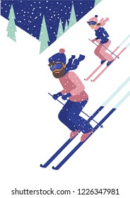 Young couple skiing on white snow mountains and pine trees on the background flat style
