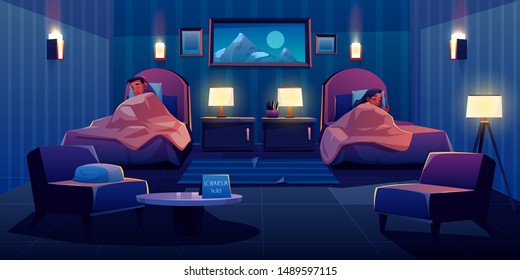 Young Couple Sleeping Apart In Hotel Bedroom At Single Beds, Apartment Interior With Nightstands, Glowing Lamps, Armchairs, Table And Painting On Wall. Man And Woman Sleep. Cartoon Vector Illustration