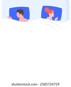 Young couple sleeping back to back in separate beds on blue pillows and under white blanket, depicting relationship problems, separation, and lack of intimacy