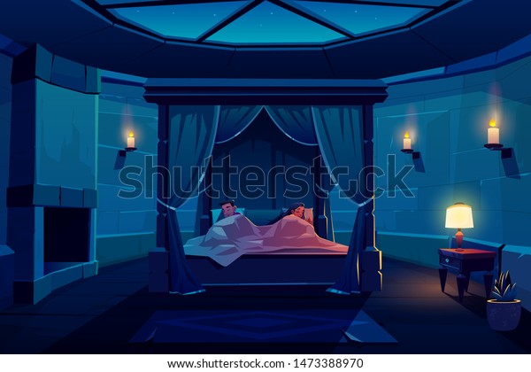 Young couple sleeping in bed with canopy in\
castle bedroom with starry sky visible through window on roof,\
palace apartment interior with fireplace, stone walls and candles\
Cartoon vector\
illustration