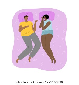 Young couple sleeping in bed at home on purple linen