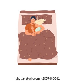 Young Couple Sleeping In Bed At Home, Happy Lovers Spend Night Together, Bedtime And Relaxation At Night. Vector Just Married Man And Woman Fall Asleep On Comfortable Bedding In Bedroom