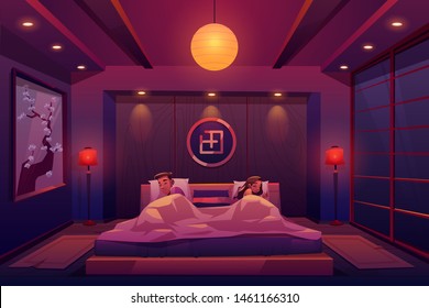 Young couple sleeping in bed, man and woman lying in asian style room with muffled light, home apartment or hotel suit bedroom interior with chinese or japanese design. Cartoon vector Illustration