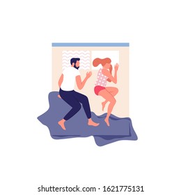 Young couple sleeping in bed. Top view. Vector illustration.
