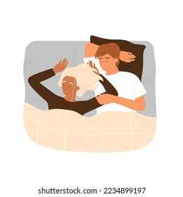 Young couple sleeping in bed under a blanket. Woman and man sleeping together. Healthy sleep, relaxation, restore energy concept. Vector illustration in cartoon style. Isolated background