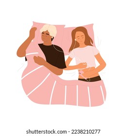 Young couple sleeping in bed under blanket and listening to music through headphones together. Healthy sleep, relaxation, restore energy concept. Vector illustration cartoon style. Isolated background