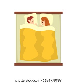 Young couple sleeping on the bed, young man and woman, relaxing at night, view from above vector Illustration on a white background