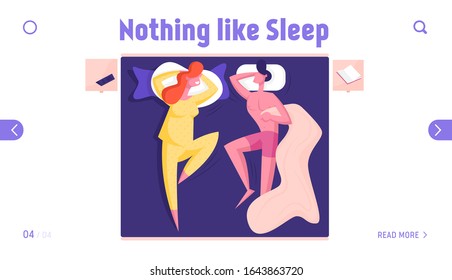 La joven pareja duerme en la página web de aterrizaje de la cama. Hombre desnudo abrazando una manta, mujer que viste a Pajama dormía de espaldas con las manos bajo la cabeza de la gente publica pancarta de la página web. Ilustración de vectores planos de caricaturas