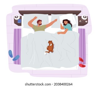 Young Couple Sleeping on Bed with Funny Cat. Male and Female Characters Night Relax. Man and Woman Wearing Pajama Sleep with Pet Lying in Comfortable Pose Top View. Cartoon People Vector Illustration