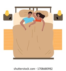 Young couple sleeping in one bed at home vector illustration