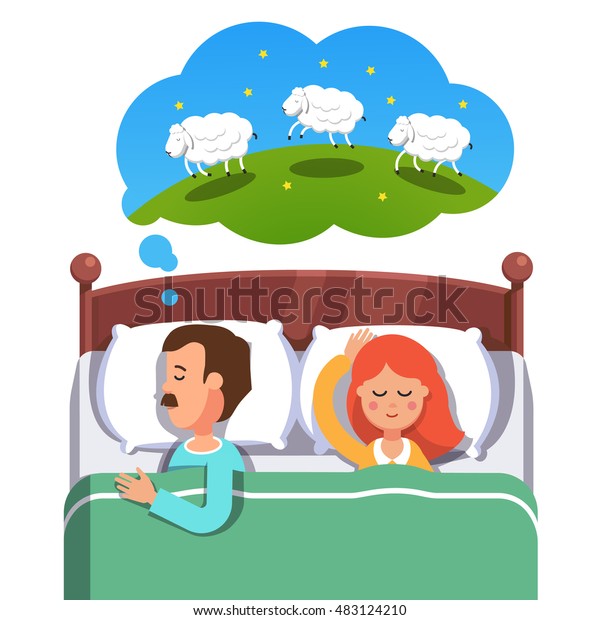 若い夫婦はベッドで寝ていた 夫は妻がぐちゃぐちゃしている間に 飛び跳ねる羊を数えて不眠症と闘う 白い背景に平らなスタイルのベクターイラスト のベクター画像素材 ロイヤリティフリー