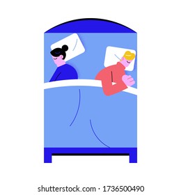 Young couple sleeping together in big bed on different sides