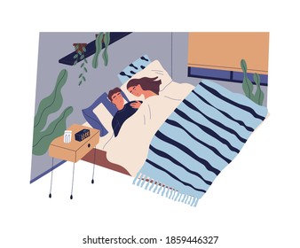 Young couple sleeping together cuddling under blanket in modern bedroom. Man and woman falling asleep in bed in evening. Daily life of romantic partners. Colorful flat vector illustration