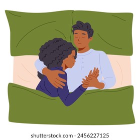 Young couple sleeping together cuddling under blanket in modern bedroom. Man and woman falling asleep in bed in evening. Daily life of romantic partners. Colorful flat vector illustration