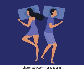 Young Couple Sleeping And Turned Back Each Other. Intimate, Married Or Sexual Problems Vector Illustration 