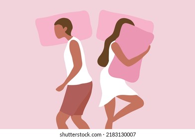 Young Couple Sleeping And Turned Back Each Other. Intimate, Married Or Sexual Problems Vector Illustration 