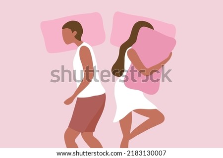 Young couple sleeping and turned back each other. Intimate, married or sexual problems vector illustration 