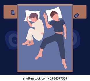 Young Couple Sleeps On Bed At Home In Relax Pose. Late Dark Night. Girl And Boyfriend In Pajamas Sleeping At Night. Interior Part With Bed, Bedside Tables, Mats. Top View. Flat Vector Illustration.