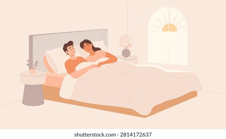 Young couple sleeps peacefully together in a cozy bedroom as the morning sun shines through an arched window.