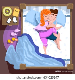 Young couple in sleepwear sleeping on a double bed. Sleeping Pose. Top View couple. Vector illustration.