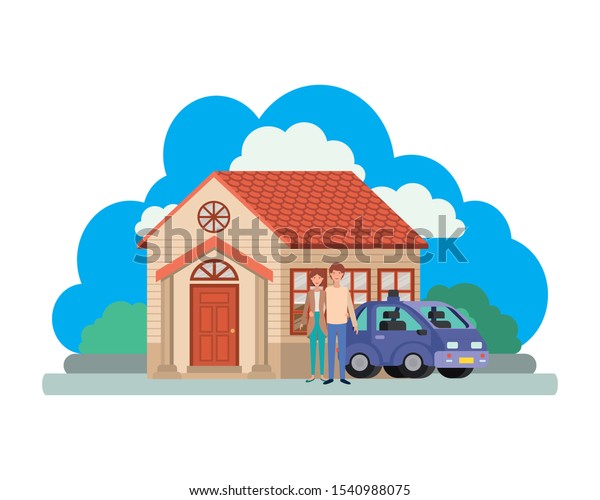 young couple with smart car and house scene vector\
illustration design