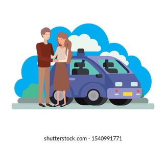 young couple with smart car scene vector illustration design
