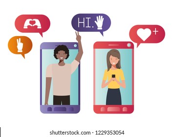 young couple in smartphone avatar character