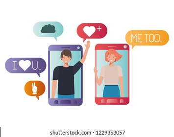 young couple in smartphone avatar character