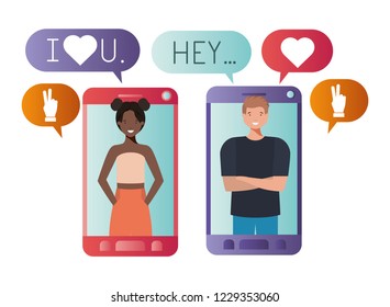 young couple in smartphone avatar character