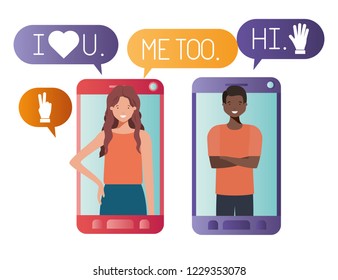 young couple in smartphone avatar character