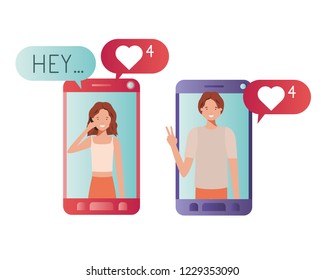 young couple in smartphone avatar character