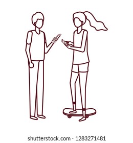 young couple with smartphone avatar character