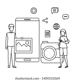 young couple with smartphone and camera