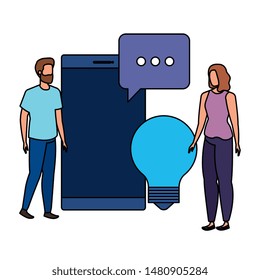 young couple with smartphone characters
