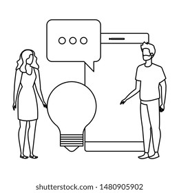 young couple with smartphone characters