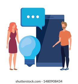 young couple with smartphone characters