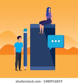 young couple with smartphone characters