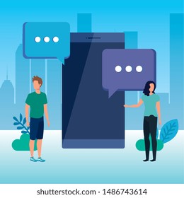 young couple with smartphone characters
