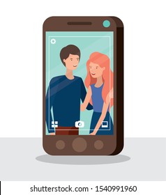 young couple in smartphone characters vector illustration design